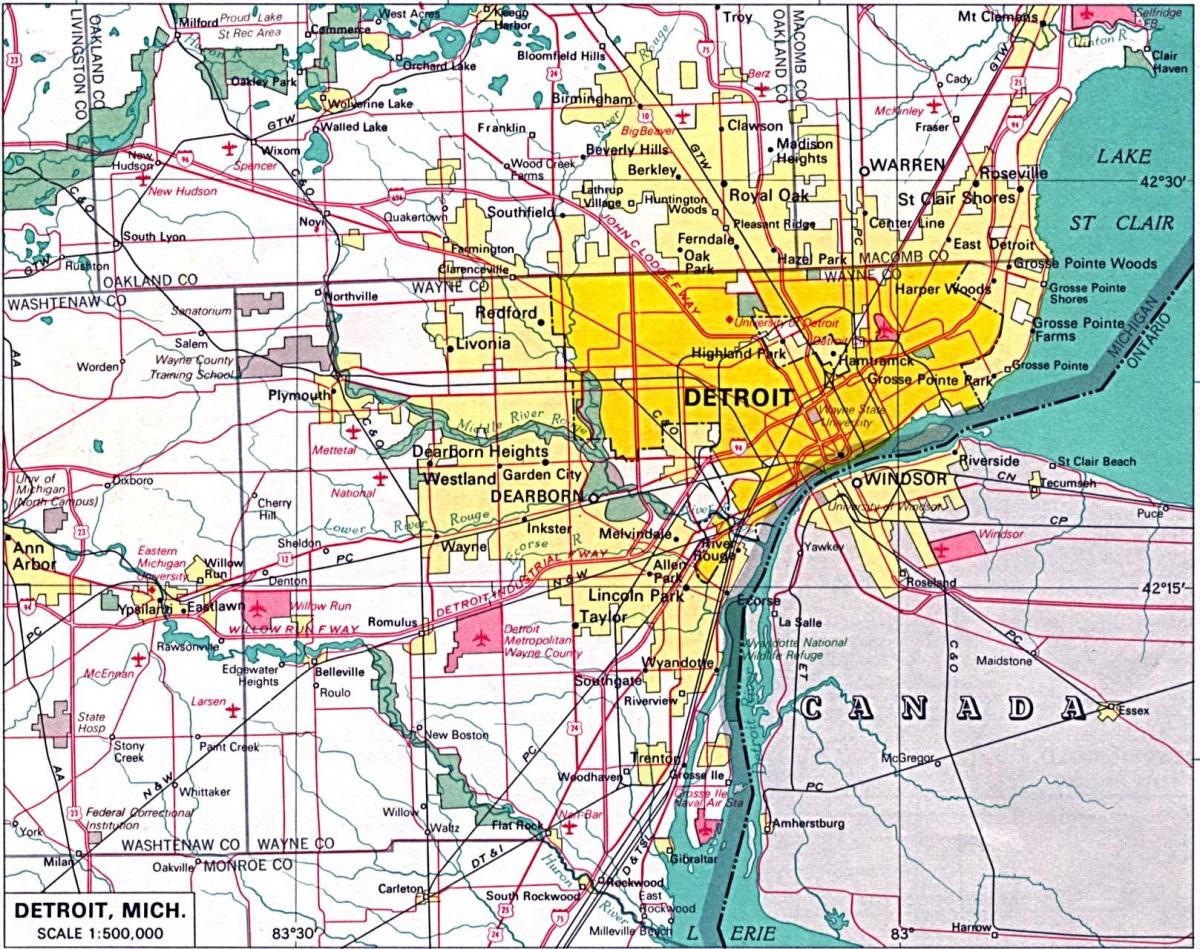 žemėlapis Detroito priemiesčiuose